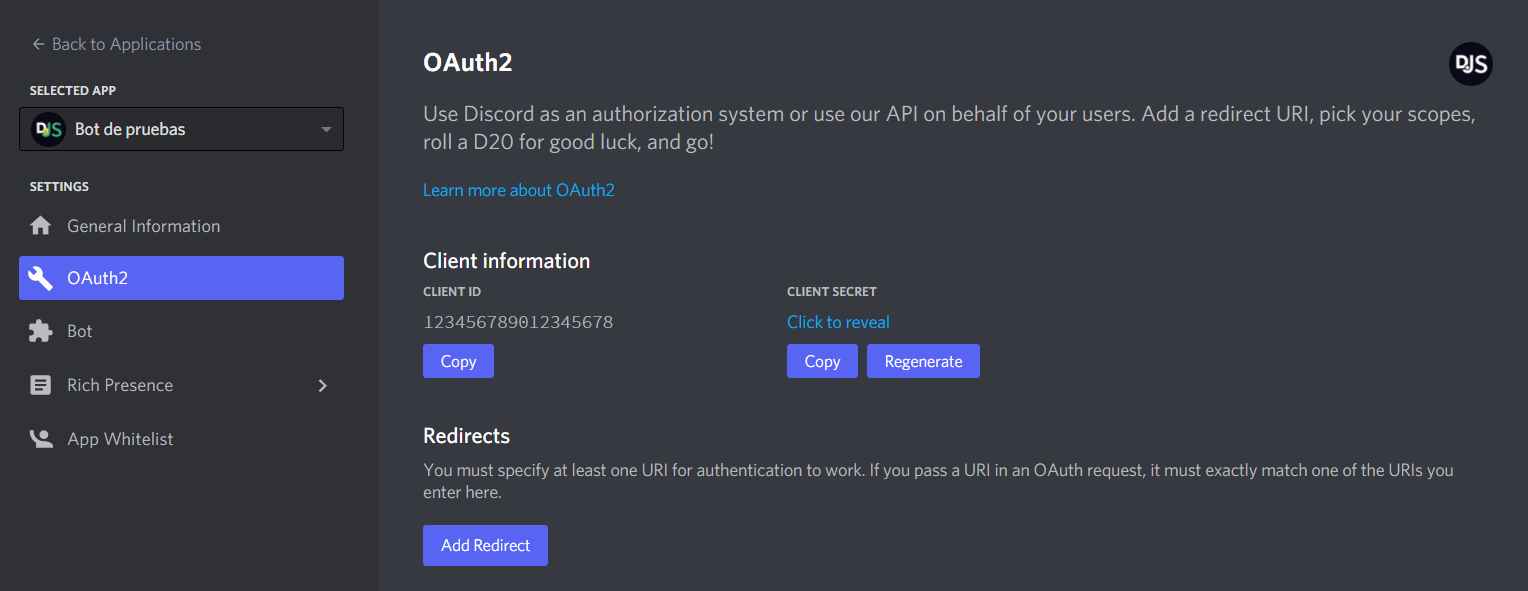 Página OAuth2 de la aplicación